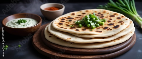 Freshly baked flatbread with green onions and spices, served on a wooden plate