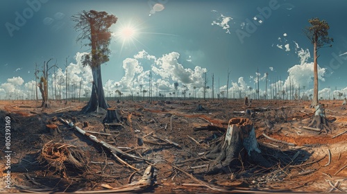 Deforestation aftermath under a blue sky, lone surviving trees amidst the cleared land, Concept of human impact on nature, biodiversity loss, and climate action