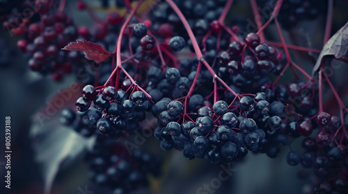 Succulent elderberries hanging delicately from their stems, promising bursts of flavor.