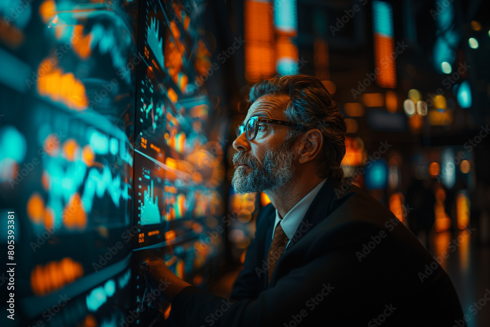 Close-up of a thoughtful senior businessman in glasses, looking at illuminated financial data screens in a dark office.
