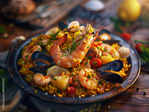 A plate of Spanish seafood paella, served on a wooden table. Beautiful morning light. 