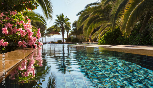 piscine avec de jolis reflets dans un joli jardin arboré de palmiers, plantes et fleurs photo