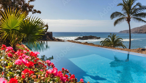 piscine sur un terrain surplombant l'océan, dans un jardin avec des plantes, des palmiers, des fleurs. immobilier de prestige en bord de mer pour vacances ou investissement. photo