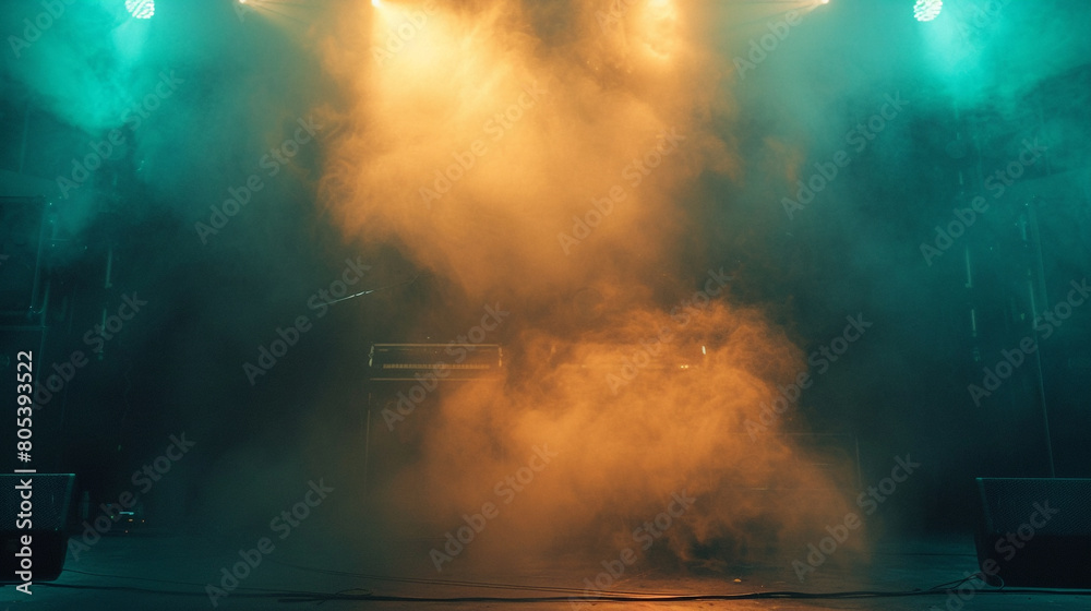 A stage bathed in rich teal smoke under a bright amber spotlight, offering a cool, refreshing atmosphere.