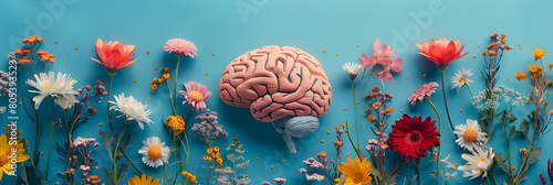 Human brain with colorful spring flowers, world mental health day banner, concept of mental health, self care, happiness, harmony, positive thinking, creative mind. photo