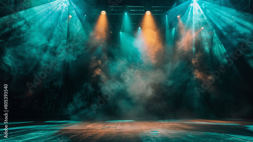 A stage bathed in rich teal smoke under a bright amber spotlight, offering a cool, refreshing atmosphere. photo