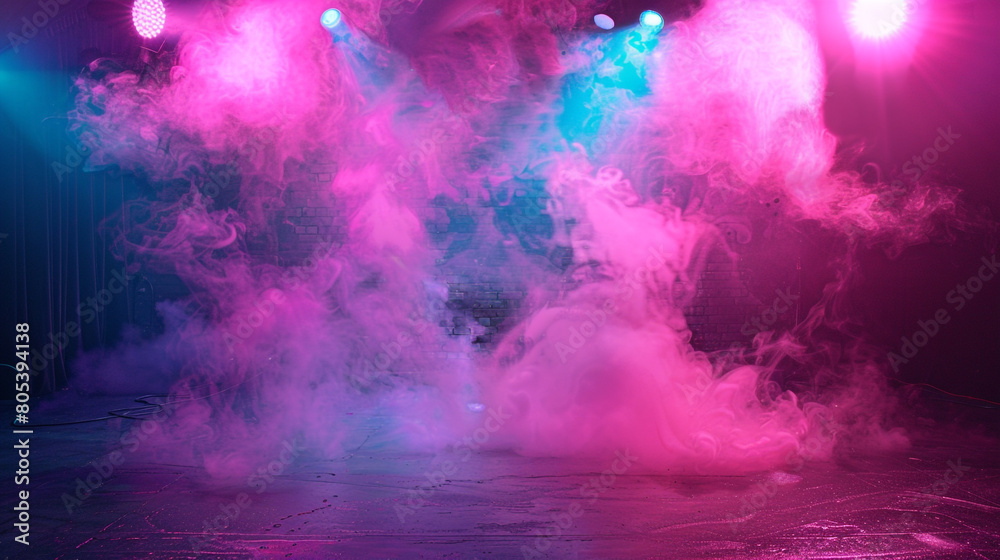 A stage enveloped in neon pink smoke illuminated by a pale aqua spotlight, casting a fun, playful glow.
