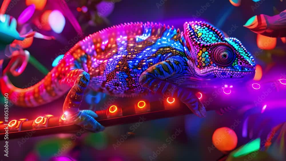Beautiful bright chameleon in neon colors flickering lights in nature. Multicolor glow blue purple beautiful reptile chameleon with bright skin. The concept of disguise and bright skins. Tropical 4k