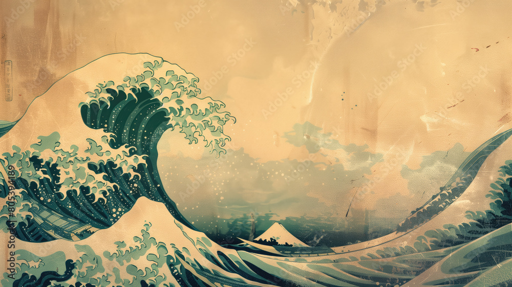Great ocean wave as Japanese vintage style illustration Generative AI
