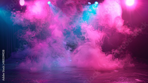 A stage enveloped in neon pink smoke illuminated by a pale aqua spotlight  casting a fun  playful glow.