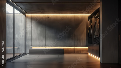 A dark, minimal cloak room with indirect lighting and a large mirror. photo