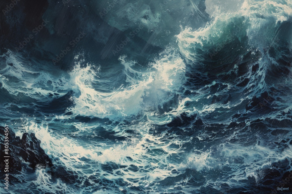 A painting of a large wave crashing on a rocky shore