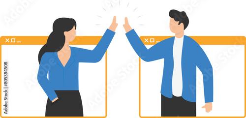 Video communication technology and video call concept, online communication and business meeting, , social networks, people give each other five on internet
