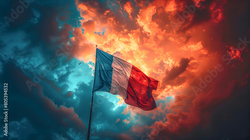 Flag of France over sky with clouds, blue, white and red