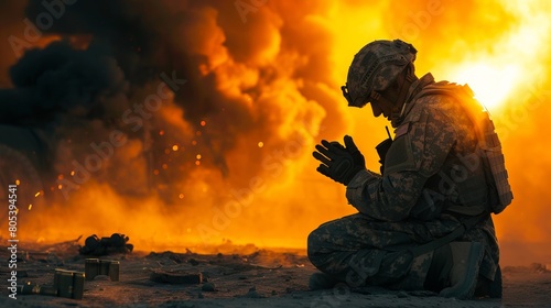 A soldier kneeling in front of a fire with smoke behind him.