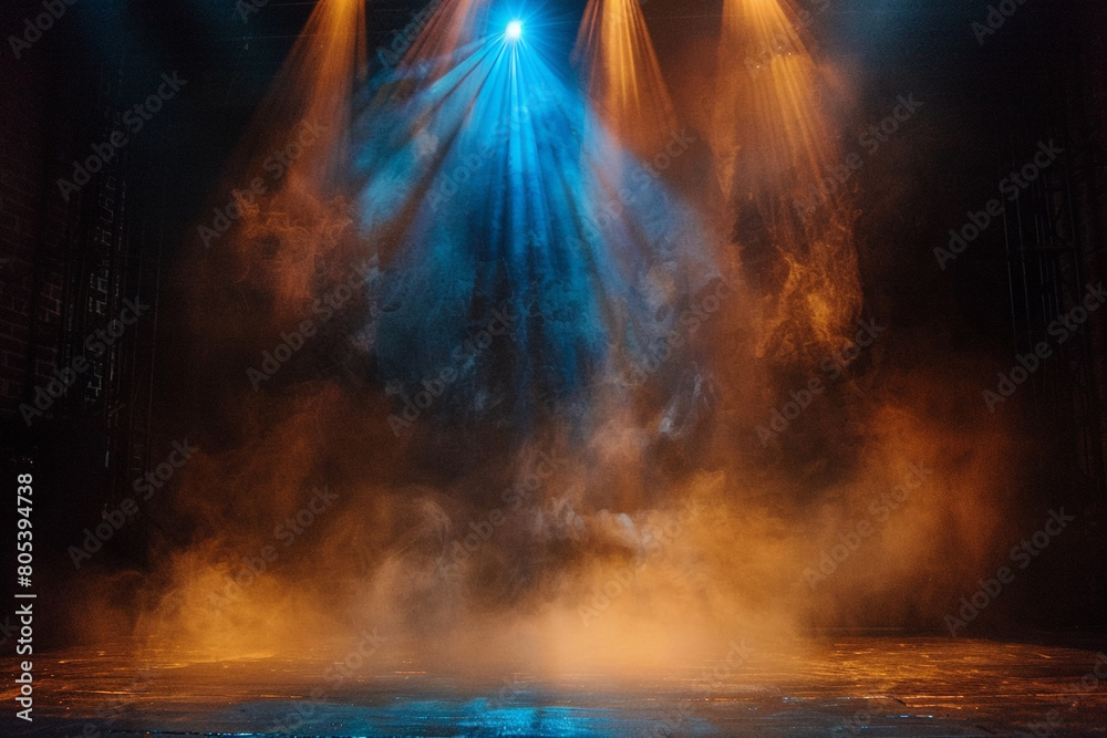A stage shrouded in golden brown smoke under a light blue spotlight, casting a warm, earthy vibe against a dark background.
