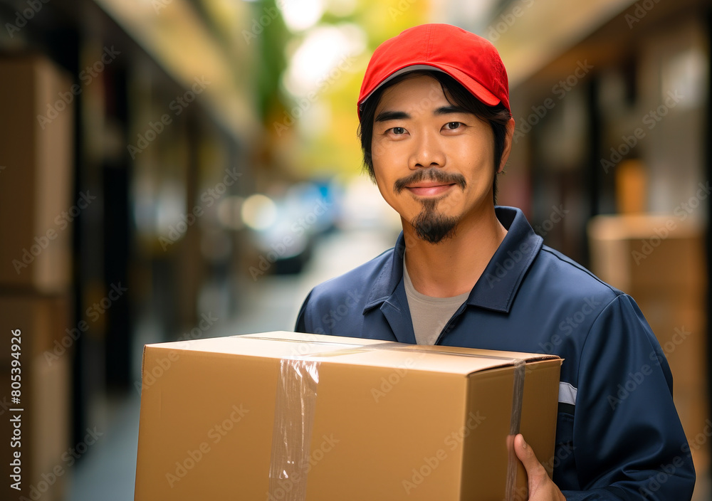 Young Asian Courier in Uniform Delivering Packages - Man Holding Cardboard Boxes for Woman Accepting Delivery Service at Home or Office