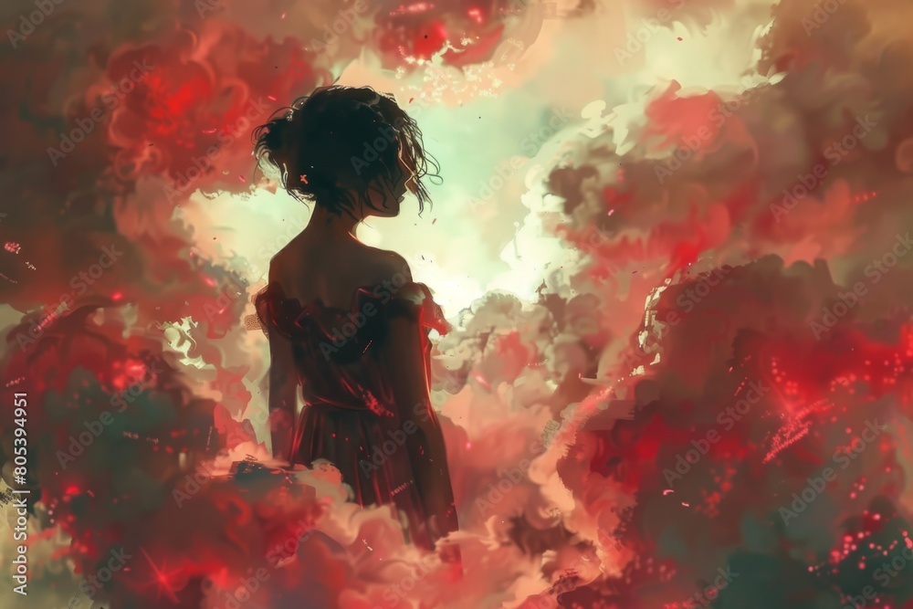 A woman is standing in a red and purple sky A woman is standing in a red and purple sky