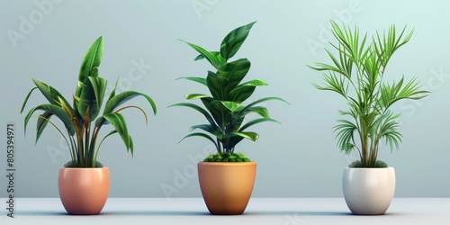 Three houseplants in flowerpots are placed on a table, creating a beautiful green landscape indoors