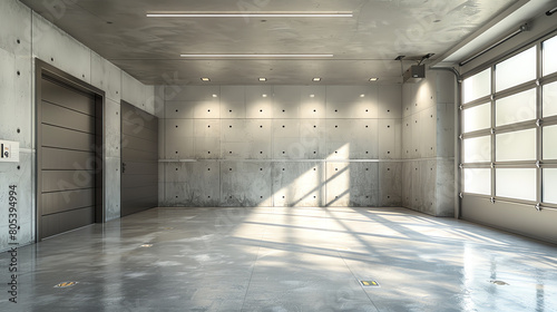 An empty modern garage with a large glass door and a side door.