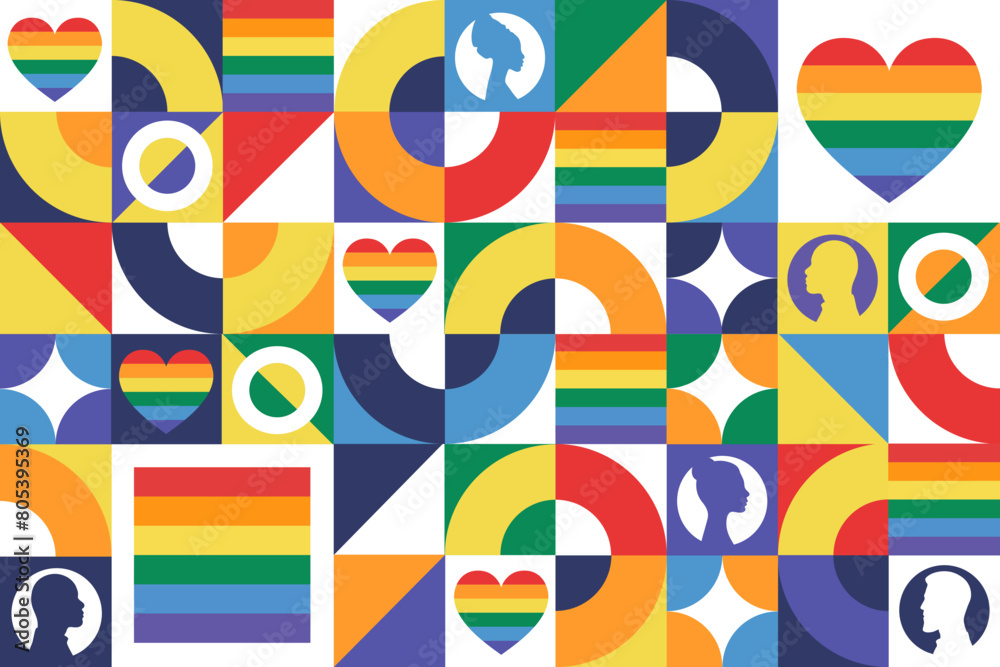 Happy Pride Month. LGBT. June. Seamless geometric pattern. Template for background, banner, card, poster. Vector EPS10 illustration.