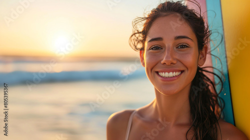 Summer sunset paddleboard adventure. Smiling woman, colorful board, beach vibes. © Dinusha
