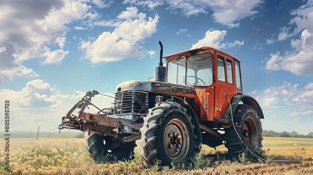 Cultivating the Land. An Old Tractor Fertilizes the Field Under Clear Blue Skies Cultivating the Land. An Old Tractor Fertilizes the Field Under Clear Blue Skies