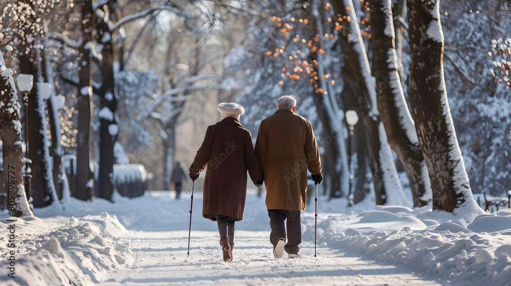 Elderly Couple s Romantic Stroll Through Snowy Park