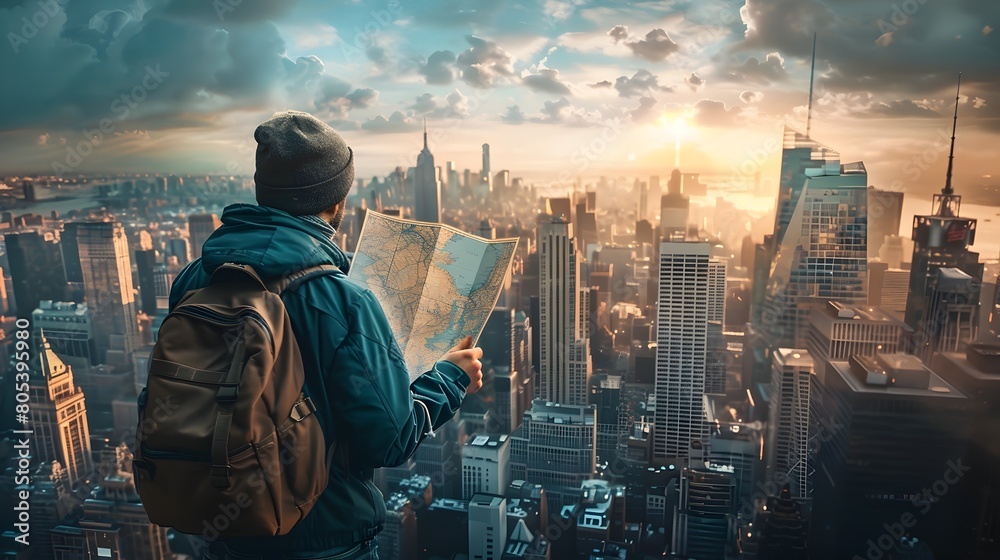 Curious Traveler Studying Map amidst Bustling Cityscape Curious Traveler Studying Map amidst Bustling Cityscape