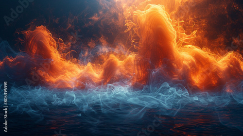 A swirling orange smoke abstract background on a stage with a cyan blue spotlight casting a mysterious glow against a deep navy background.