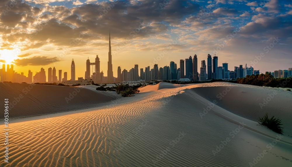 Sand dunes of Dubai, silhouette of Dubai skyline at sunset
