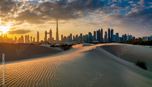 Sand dunes of Dubai  silhouette of Dubai skyline at sunset 