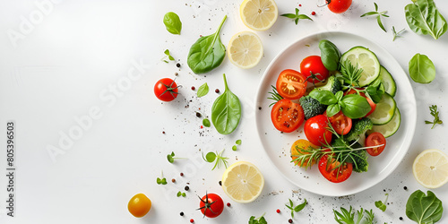 Organic fresh raw vegetables flatlay. Healthy food cooking background with various vegetable salad ingredients. 