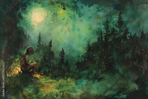A person is sitting in the woods  looking up at the moon