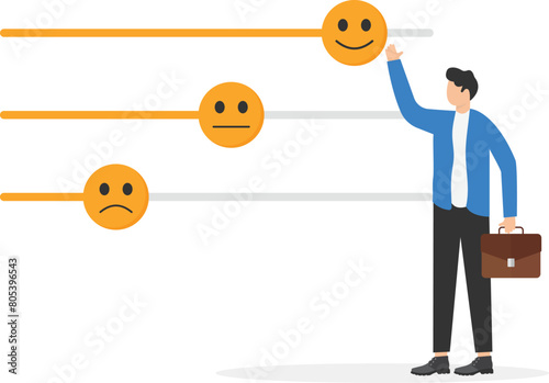 Control your emotions, control panel or slider bar for feeling or emotion, man moves slider bar emotions in direction of good mood

