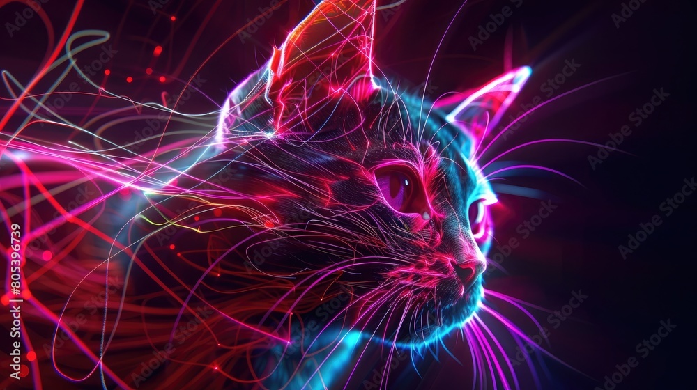 Cat Animal Plexus Neon Black Background Digital Desktop Wallpaper HD 4k Network Light Glowing Laser Motion Bright Abstract