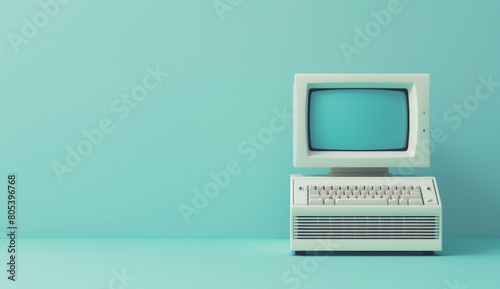 3d render of retro computer blue background. Generate AI image photo