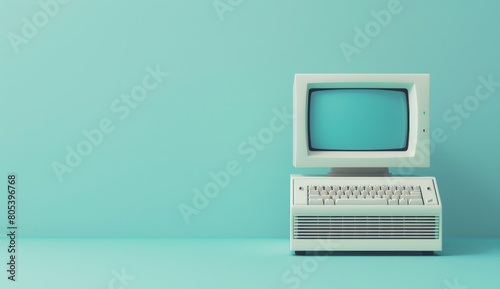 3d render of retro computer blue background. Generate AI image