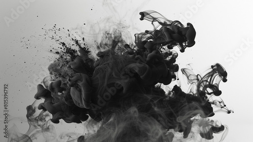 A chaotic yet artistic arrangement of smoke in stark black against a white background  evoking imagery of ink dropped in water.