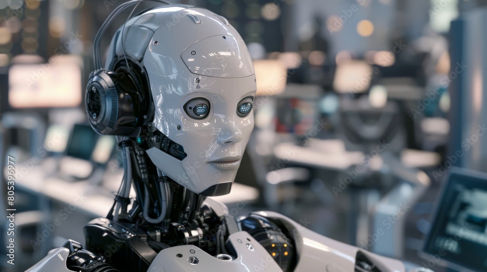 White and metallic colored humanoid robot located in the control room room White and metallic colored humanoid robot located in the control room room