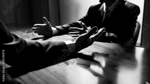 Negotiation at boardroom table, close-up on tense hands, stark contrasting light