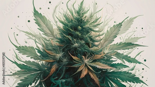 Hojas frescas: Detalle en acuarela de las hojas de cannabis, mostrando su frescura y vitalidad en un bosque verde. Maravillas del follaje: Ilustración macro que revela la fascinante naturaleza photo