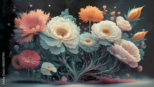Pintura floral: una composición artística que captura la vibrante esencia de la naturaleza. Belleza primaveral: un ramo de flores rosadas que simboliza el renacimiento y la vida. photo