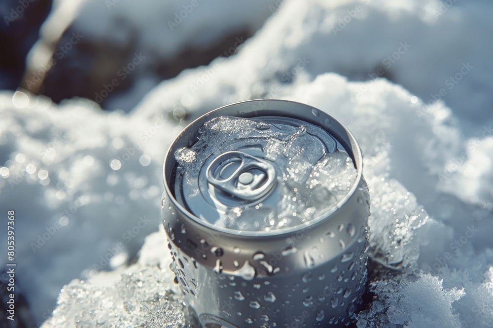 Top of a drink tin can submerged in frosty ice, made of metal aluminum, perfect for a refreshing beverage Top of a drink tin can submerged in frosty ice, made of metal aluminum, perfect for a refreshing beverage