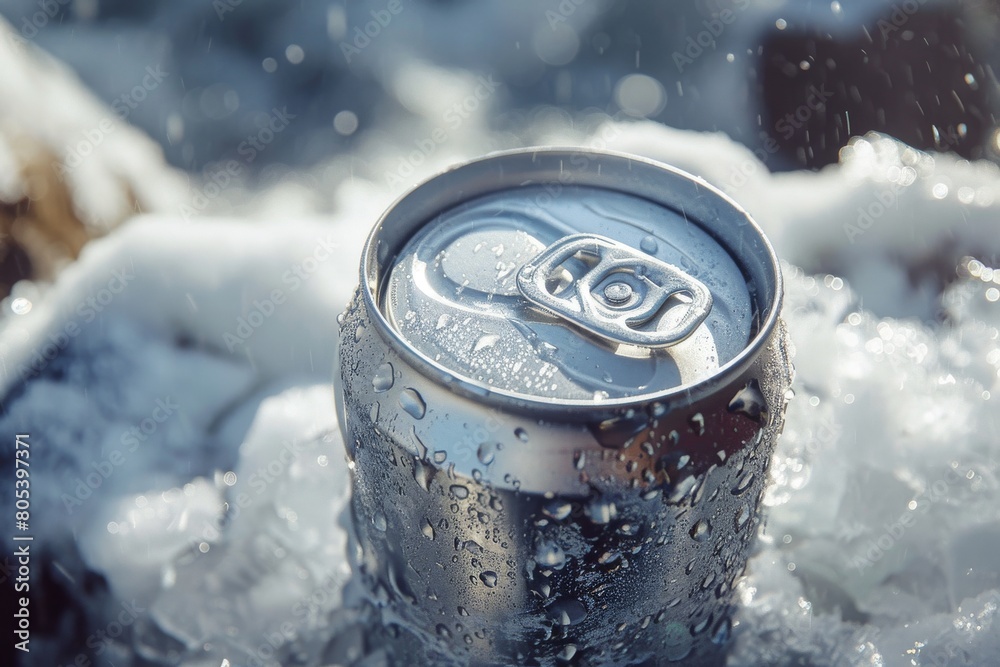Top of a drink tin can submerged in frosty ice, showcasing a refreshing aluminum beverage Top of a drink tin can submerged in frosty ice, showcasing a refreshing aluminum beverage