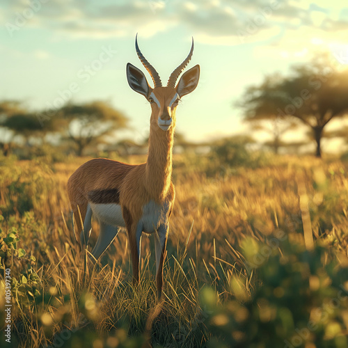 A majestic gazelle standing proudly in the African savannah, surrounded by tall grass and acacia trees under warm sunlight.