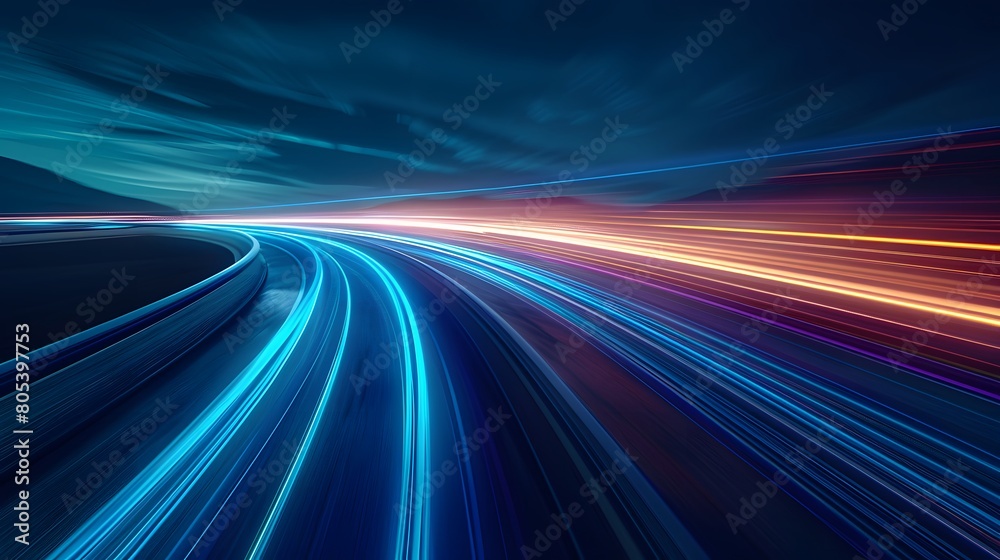 Blue technology light speed background with blue and white lines, dark night sky with road to the horizon, motion blur effect. A high speed car or train moving fast on the highway with a motion 