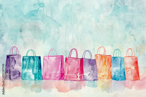 Shopping spree! Watercolor painted shopping bags in a row on blue background.