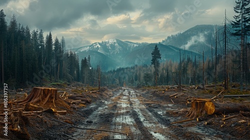 Muddy track leading through a recently logged forest under a brooding sky, a stark image of environmental exploitation, Concept of deforestation and climate change photo