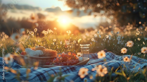 Cosy sunset picnic in the countryside with a hamper full of goodies photo